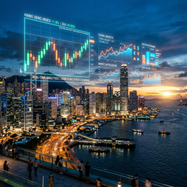 Hong Kong skyline at dusk with digital stock market charts and data overlays showing Hang Seng Index and market trends