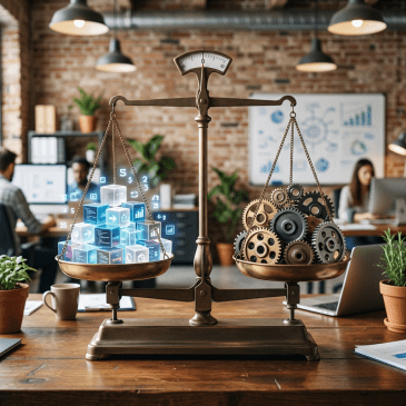 Balance scale with glowing digital data cubes on one side and metallic gears on the other in an office.